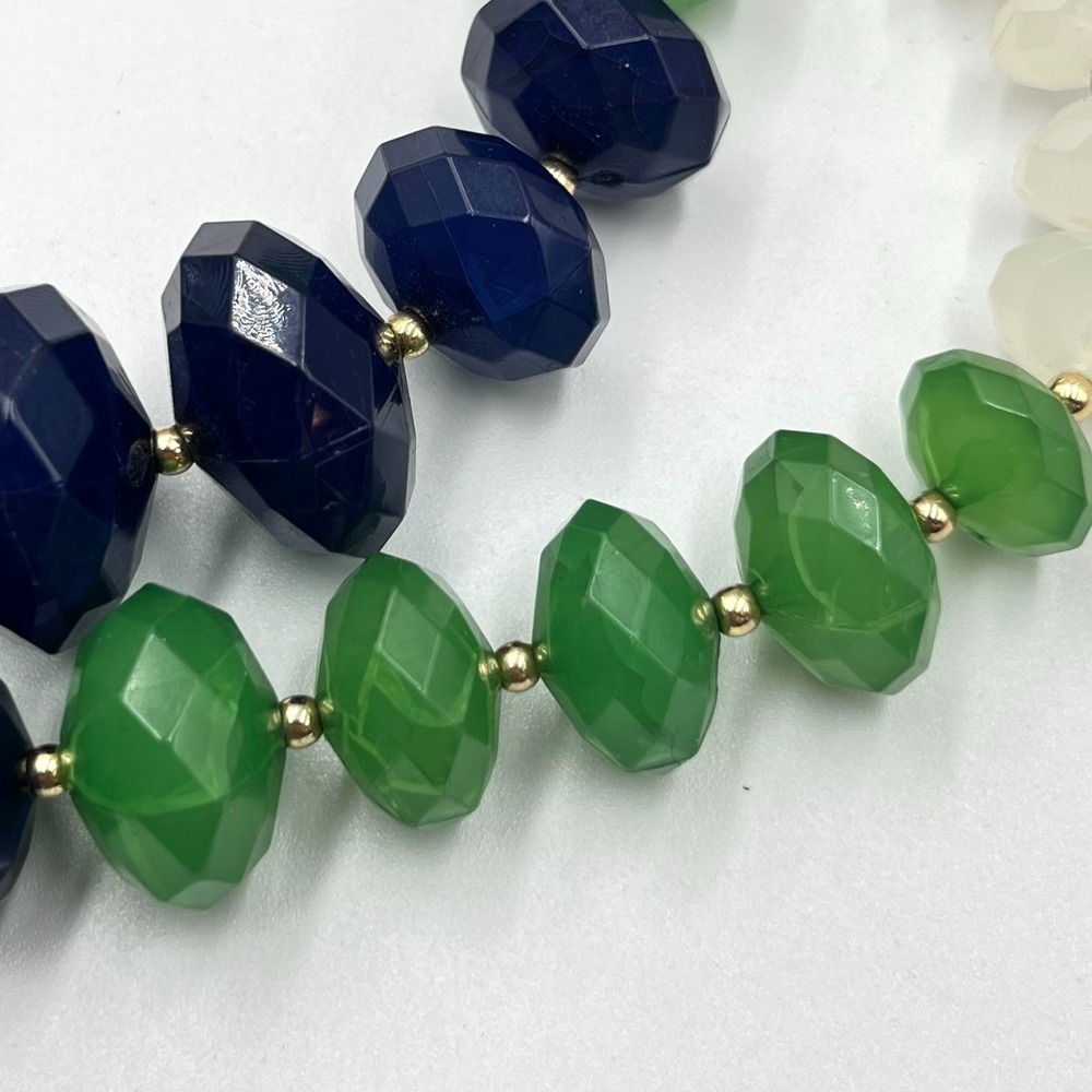 Vintage Retro Multi-Strand Beaded Statement Necklace Green Navy White Gold Tone - Picture 5 of 13